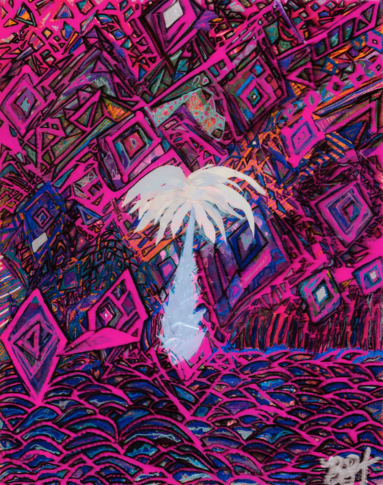 White palm silhouette glowing against a pink and blue geometric field