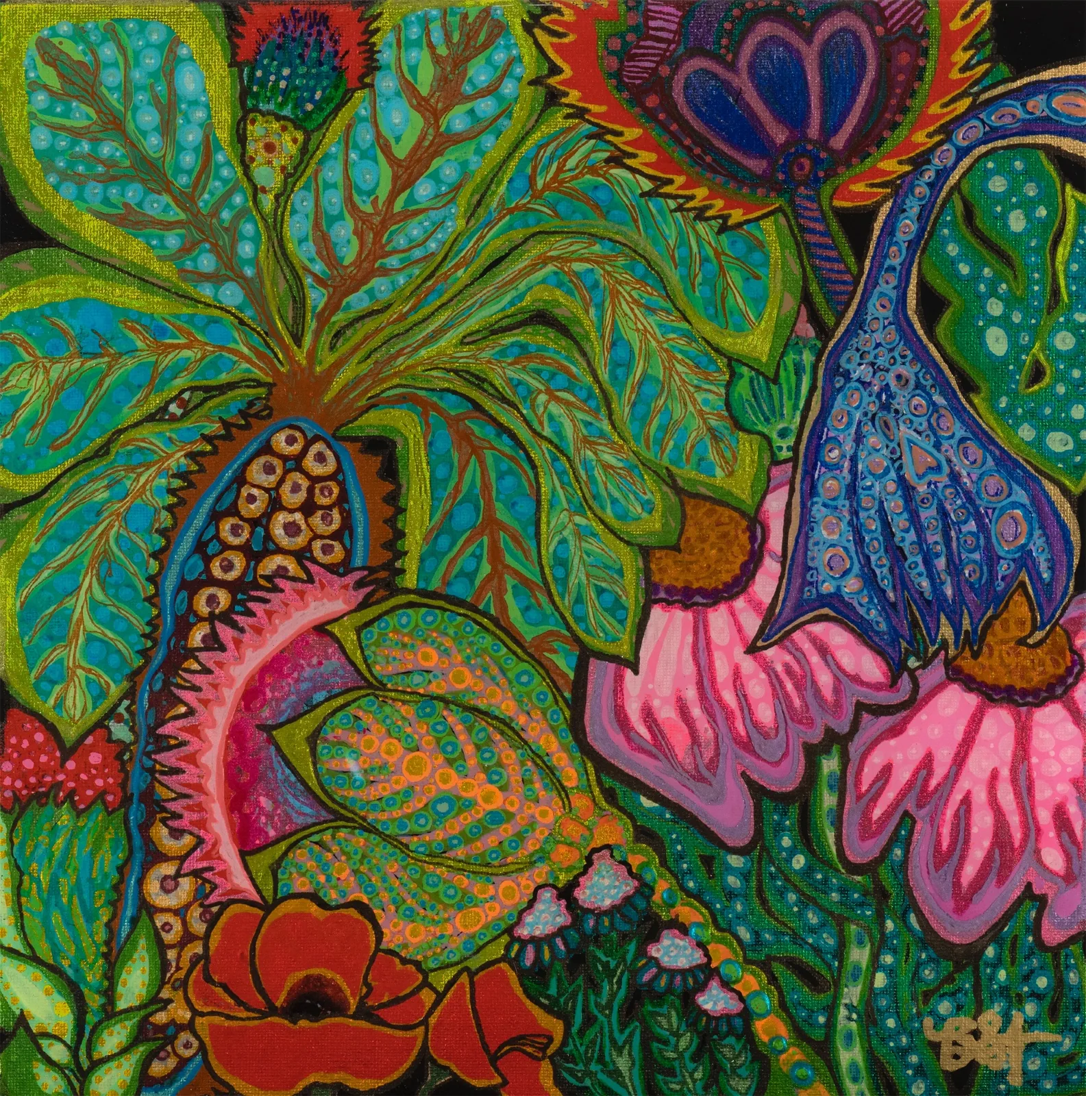 Dense botanical painting in greens, magenta and orange
