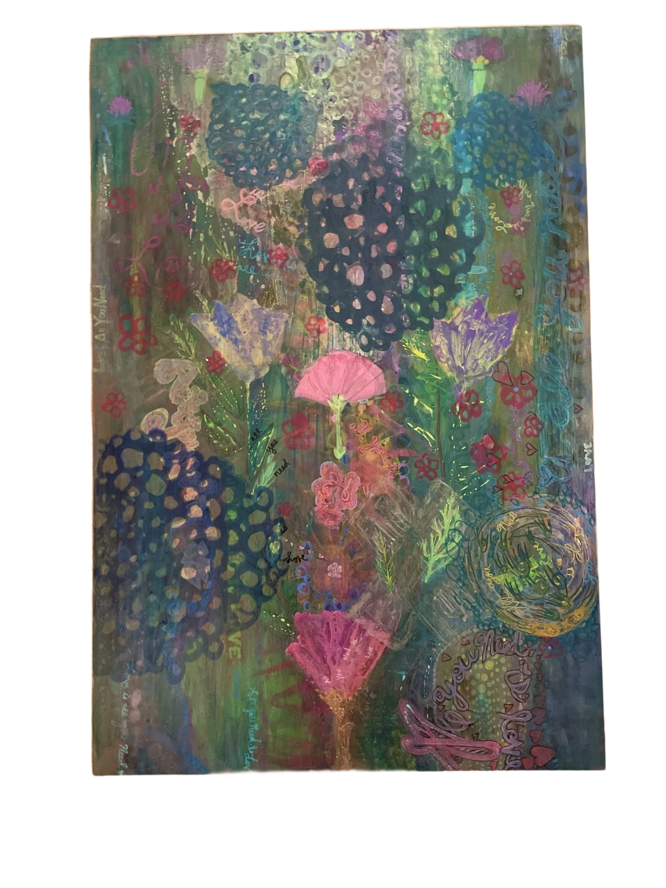 Dark painting of dotted pods and a pink bloom
