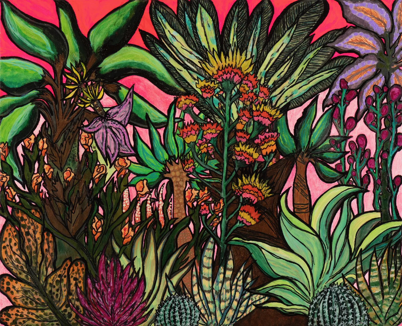 Layered tropical plants against a hot pink sky