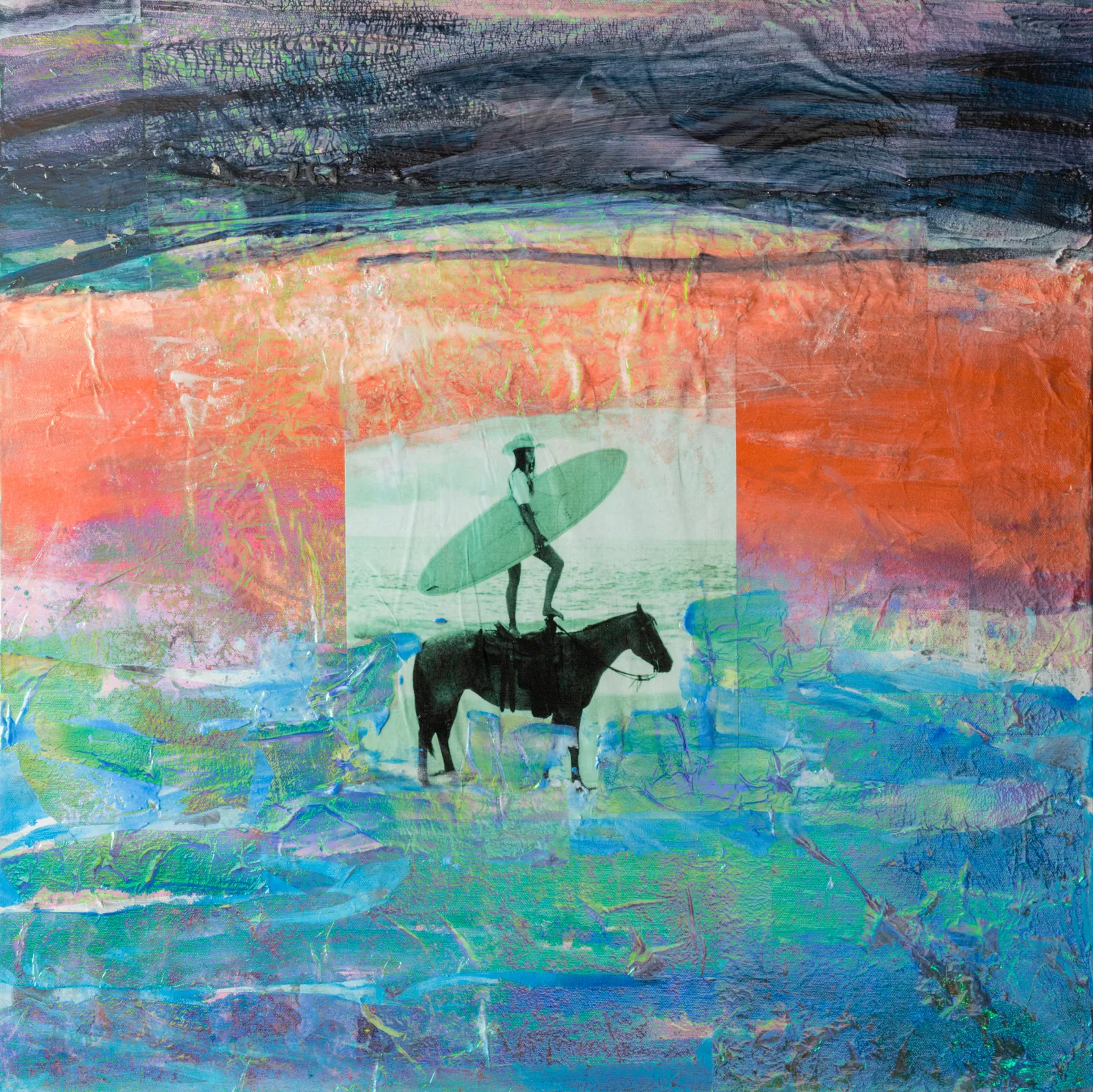 Woman in a cowboy hat standing on a horse holding a surfboard, orange and blue abstract ground