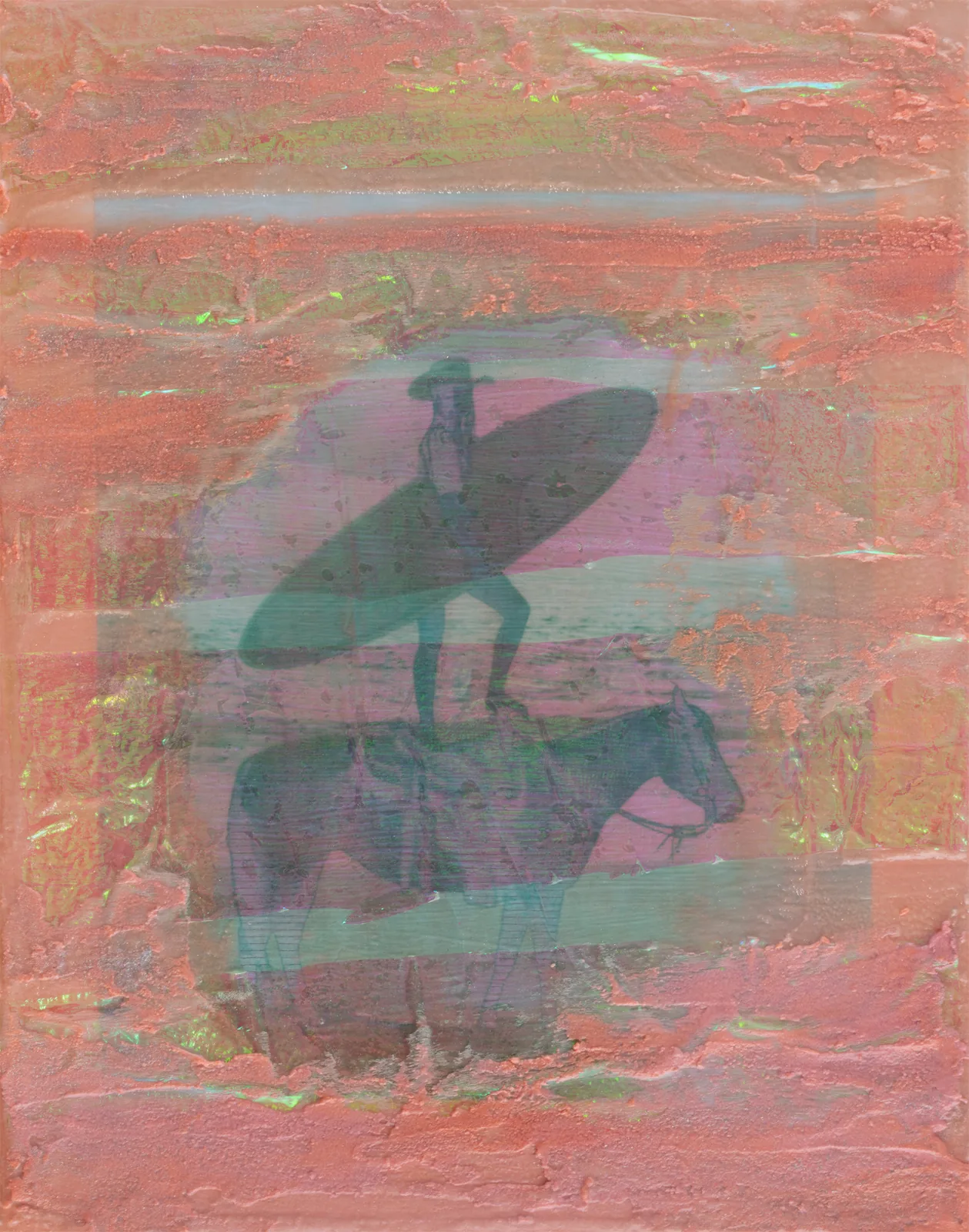 Surfer standing on a horse, printed in green over a coral textured ground