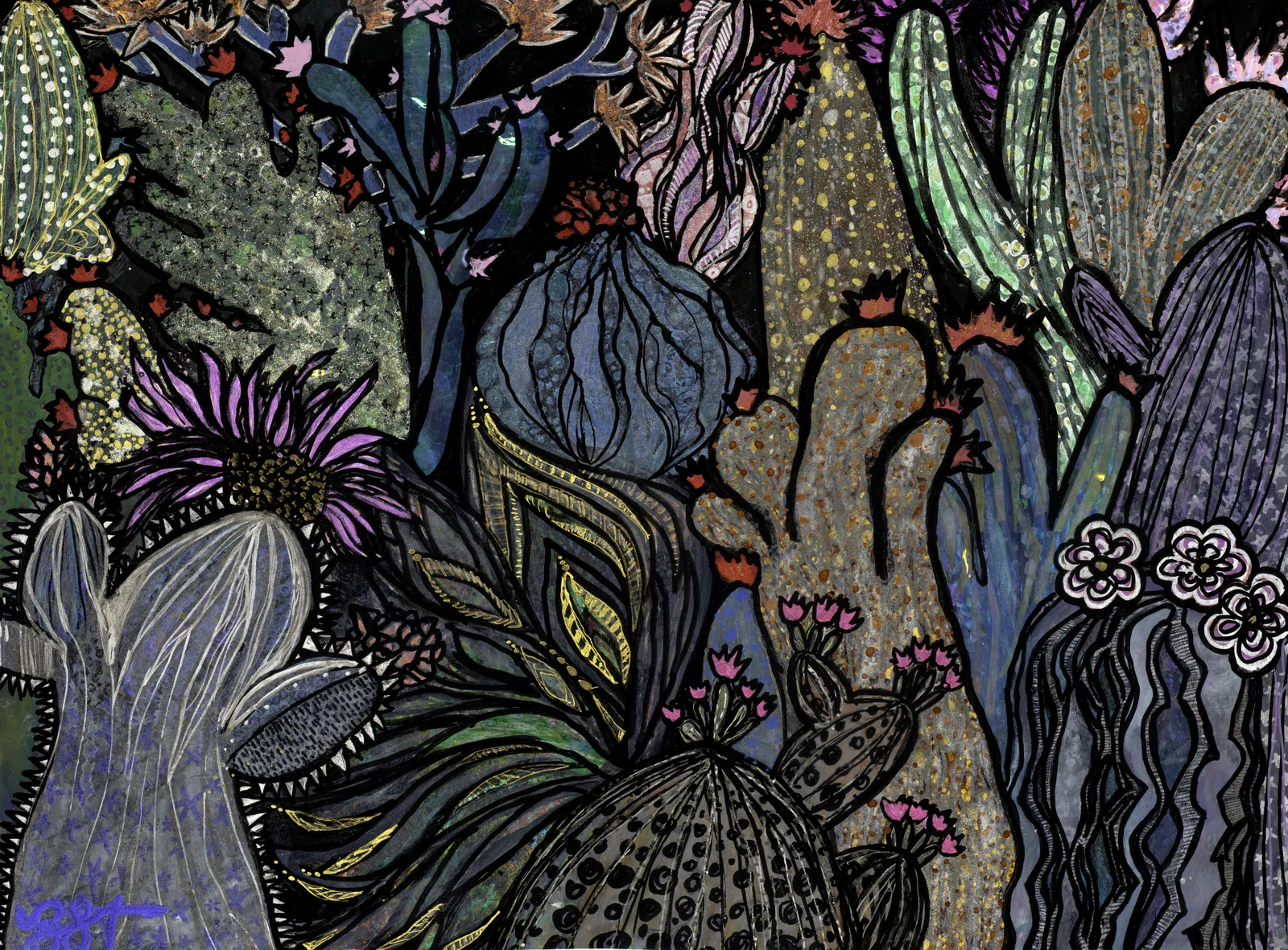 Cactus garden painting in teal, purple and gold on a dark ground