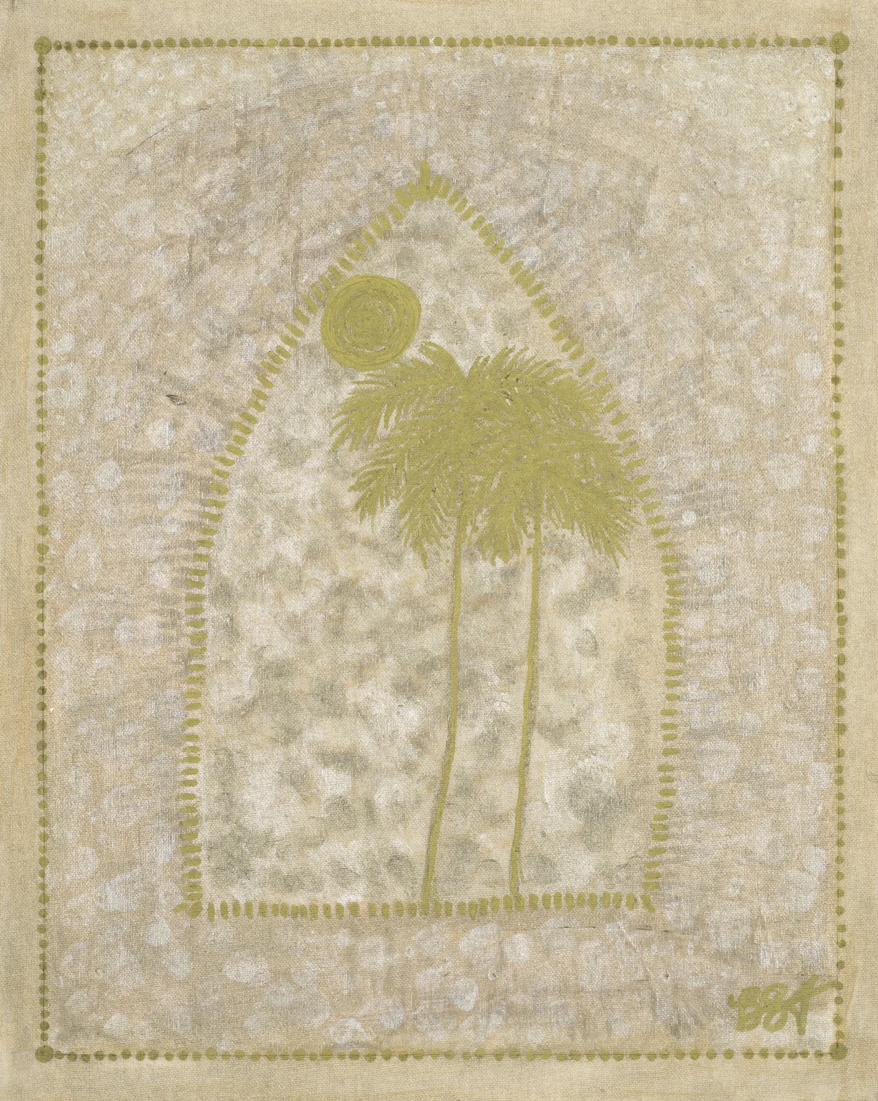 Palm silhouette in muted gold and cream on a mica pearl ground