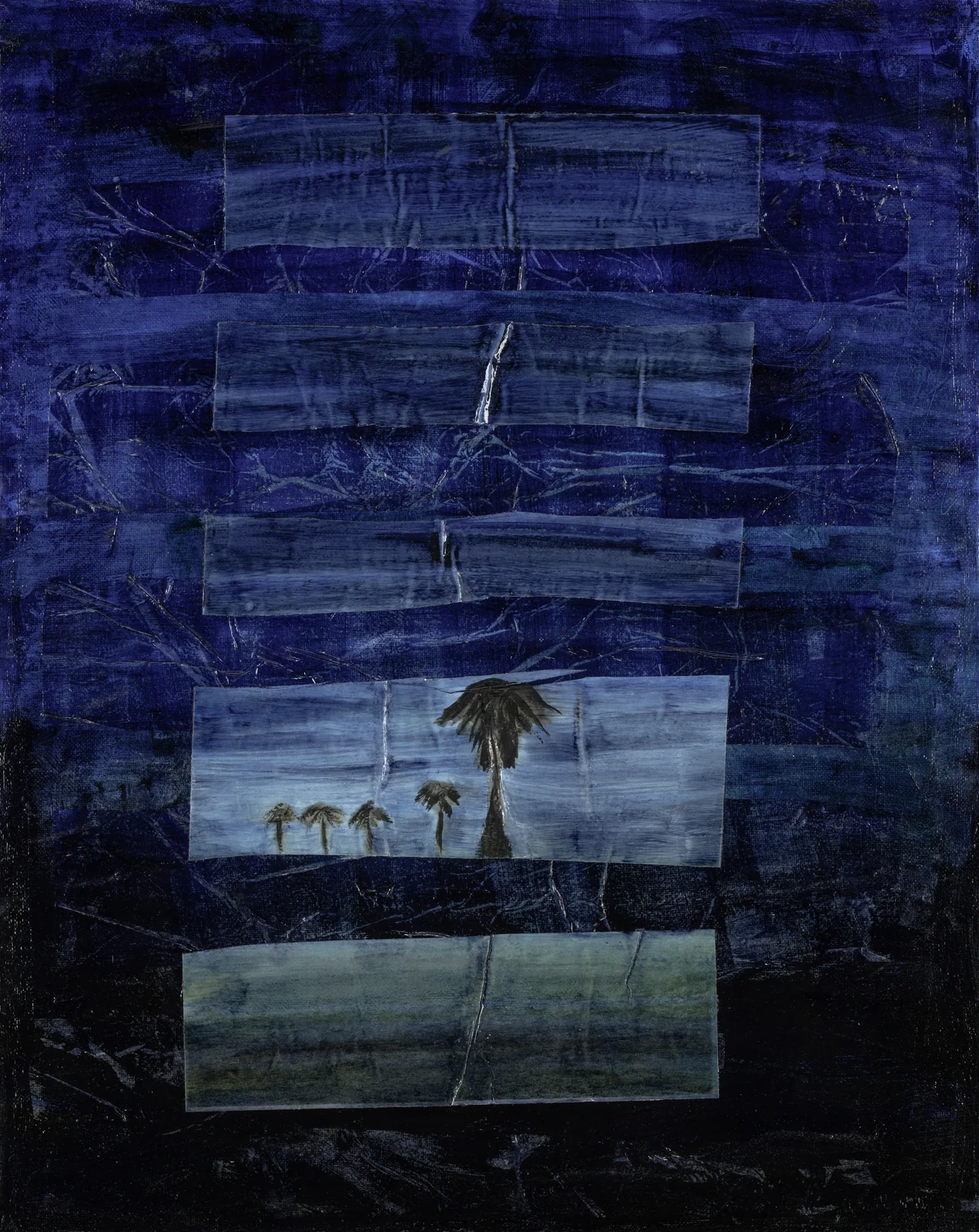 Dark blue night panel with a small palm silhouette
