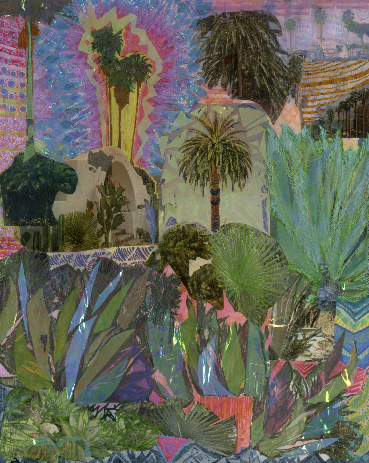 Garden scene with palms and a pink glow