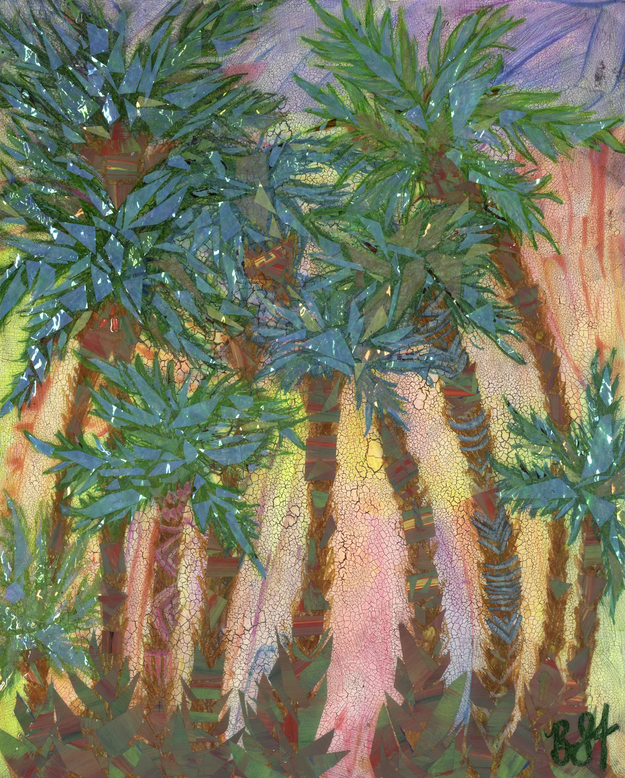 Palm fronds in warm pink and teal with a crackle finish