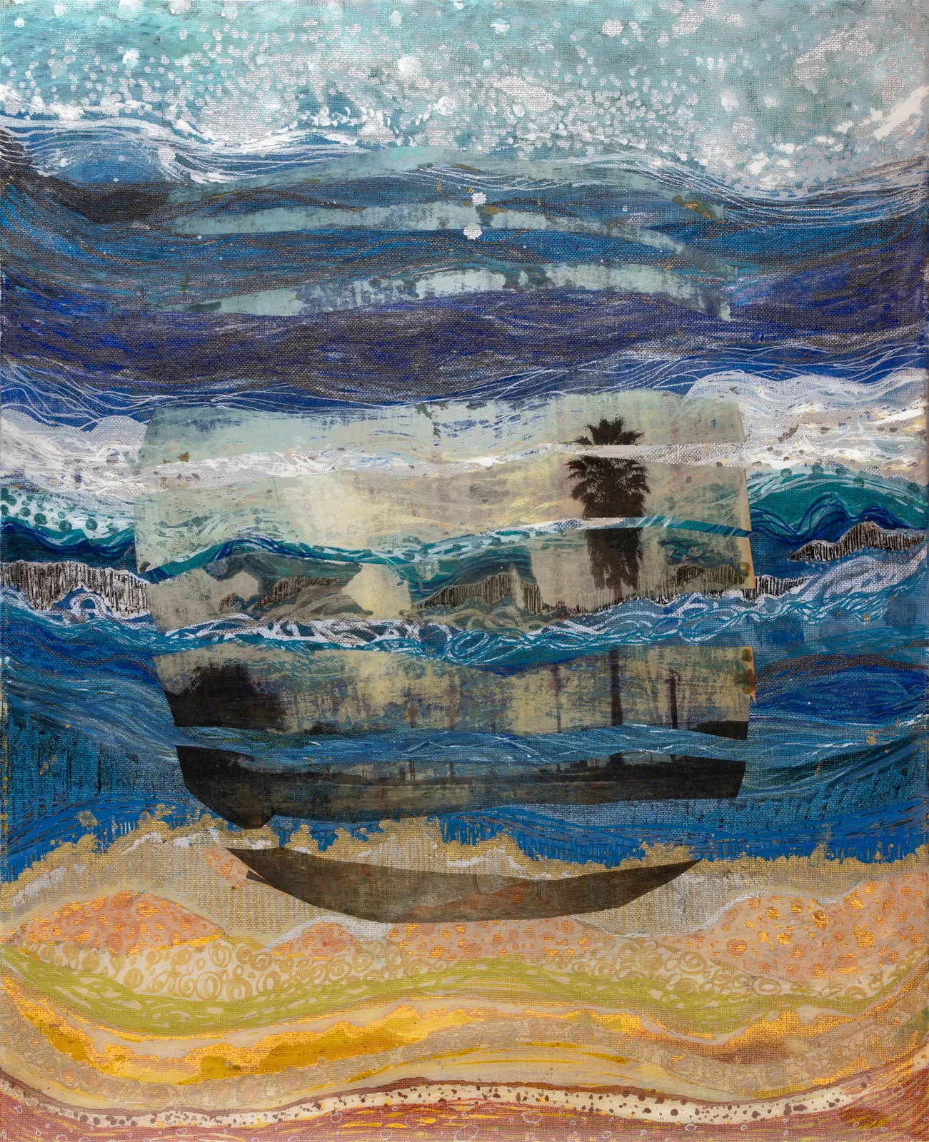Ocean wave bands with a dark boat and palm silhouette