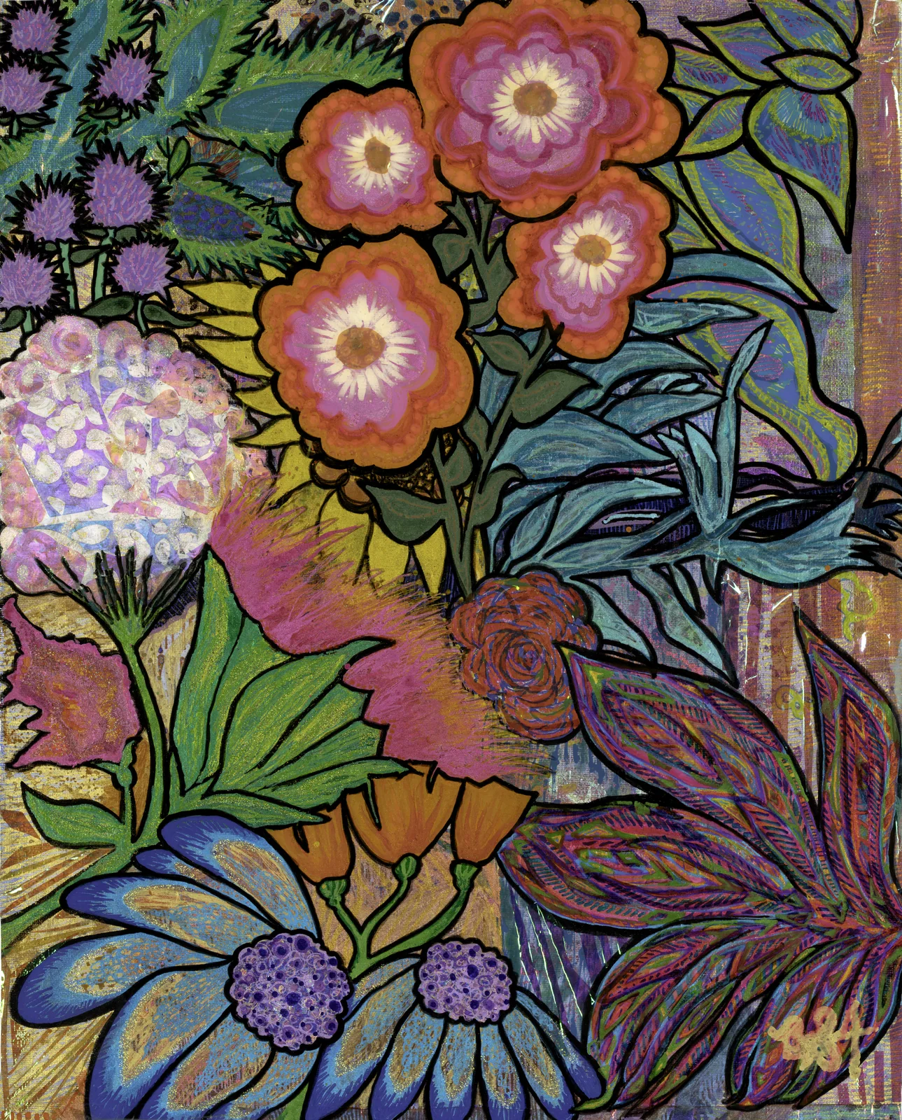 Floral bouquet painting in magenta, orange and green