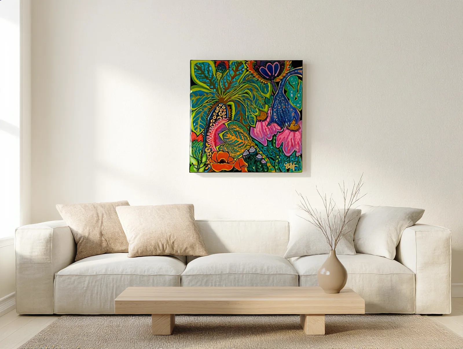 Botanical painting hung above a low linen sofa in a bright living room