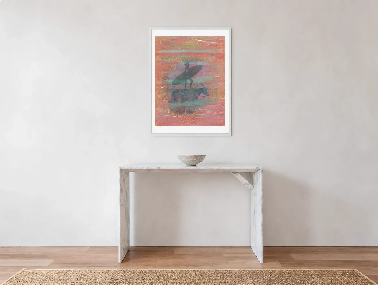Surfer-on-horse painting above a marble console in a minimal entryway