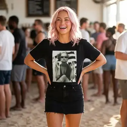 Goldie Legend, Overboard, Vintage Glam Photo Tee, Retro Beach, 80s movies