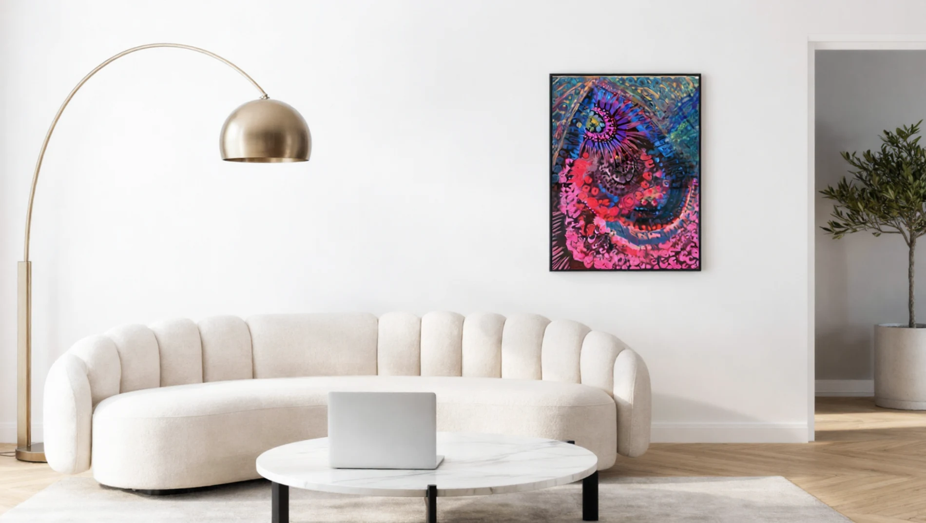 Neon Halo hanging in a furnished room